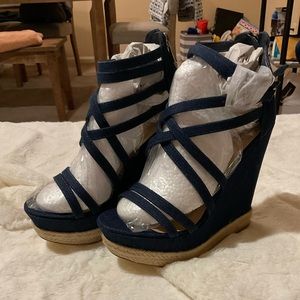 Blue denim wedges